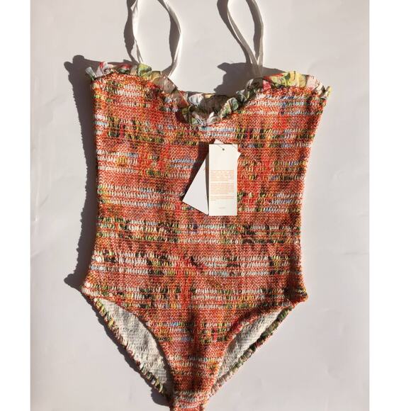 Rococo Sand Size Small Ruffle Smocked Floral Bodysuit Straps Orange‎ Sunset - Picture 10 of 12